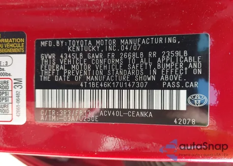 2007 Toyota Camry Le from USA, damaged, VIN 4T1BE46K17U147307